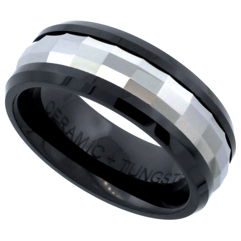 Black Ceramic Faceted Tungsten 8 mm Flat Wedding Band Ring For Men, sizes 9 to 14