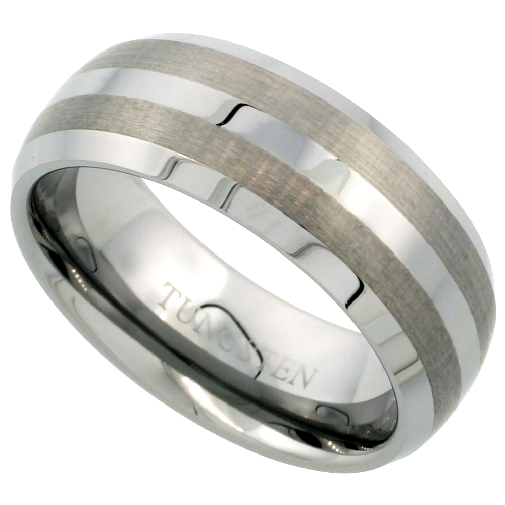 Tungsten Carbide 8 mm Dome Wedding Band Ring Etched Double Stripes Beveled Edges, sizes 7 to 14