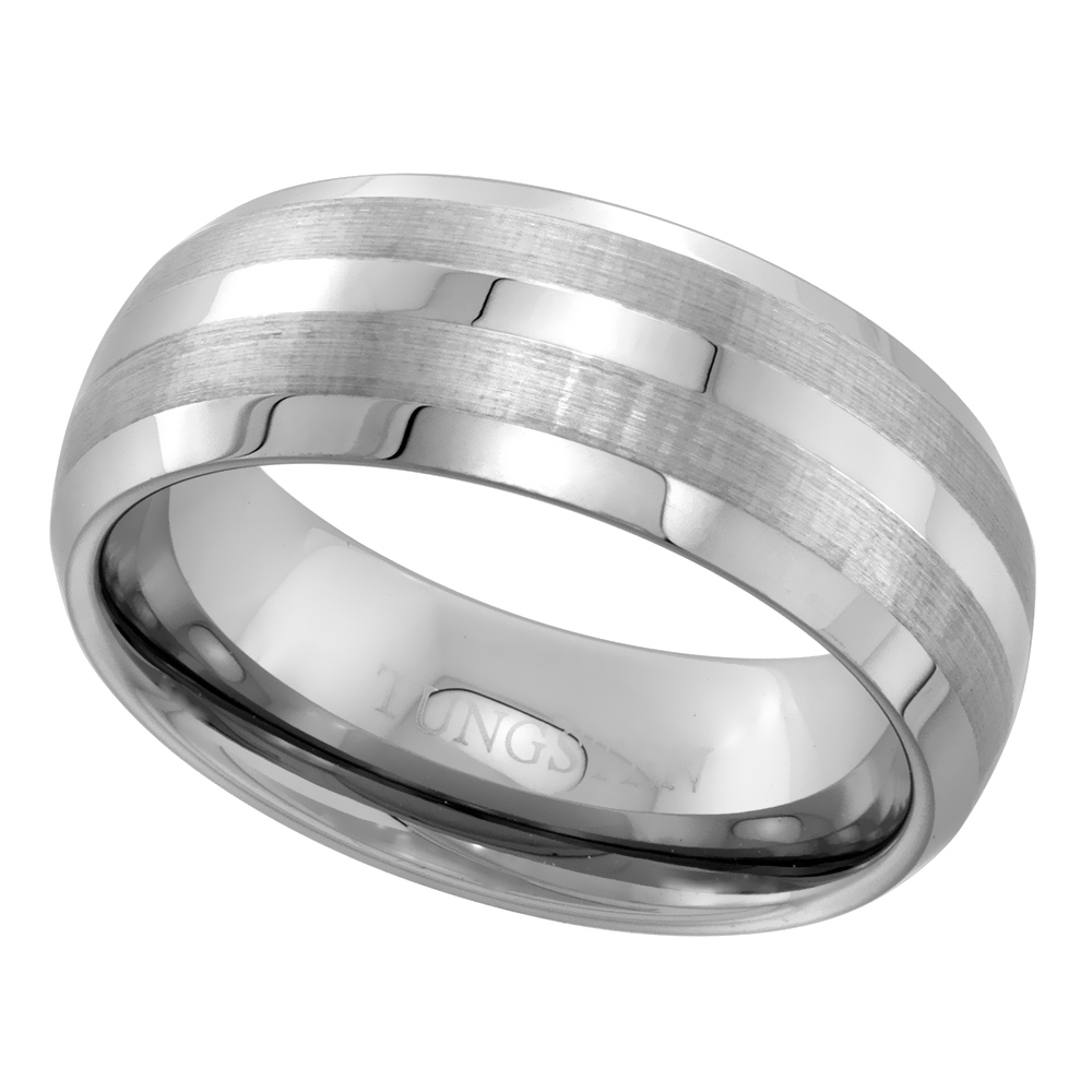 TUNGSTEN CARBIDE 8 MM DOME WEDDING BAND RING ETCHED DOUBLE STRIPES BEVELED EDGES SIZES 7 TO 14