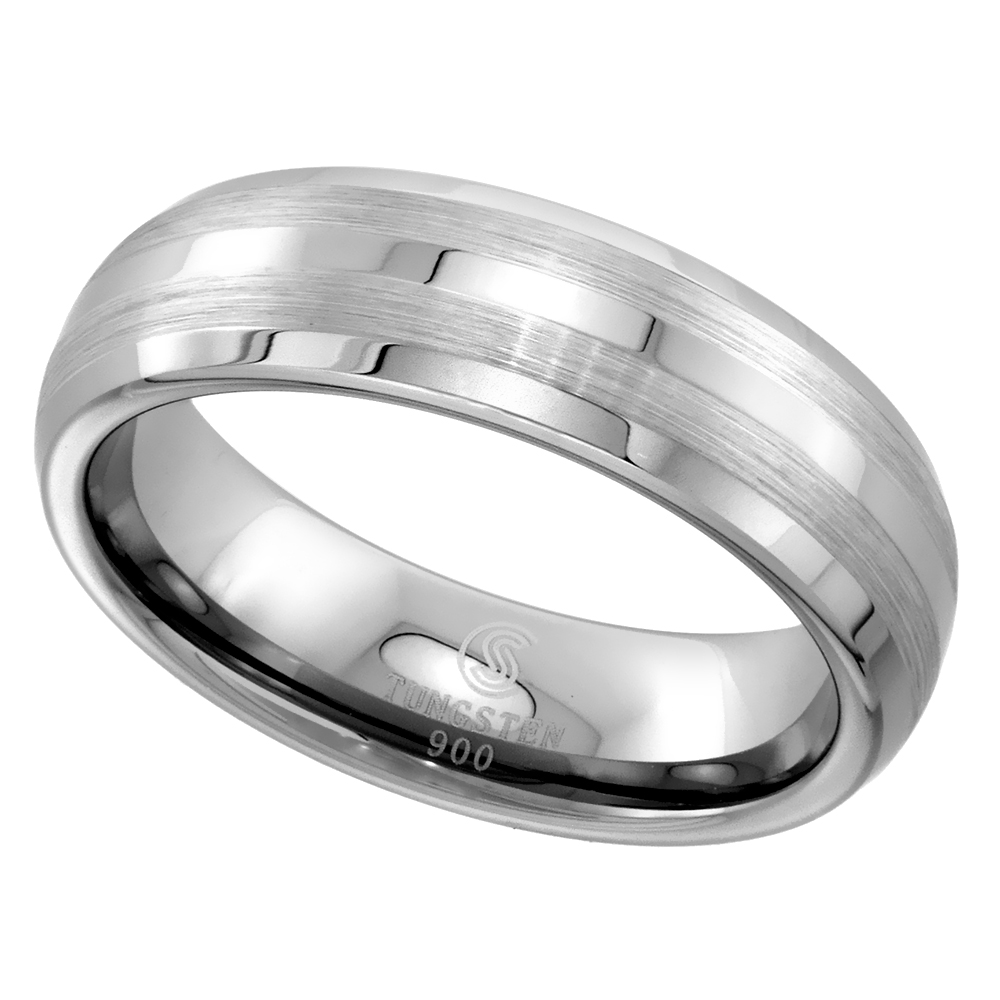 TUNGSTEN CARBIDE 6MM DOME WEDDING BAND RING FOR WOMEN FOR WOMEN ETCHED DOUBLE STRIPES BEVELED EDGES SIZES 6 TO 9