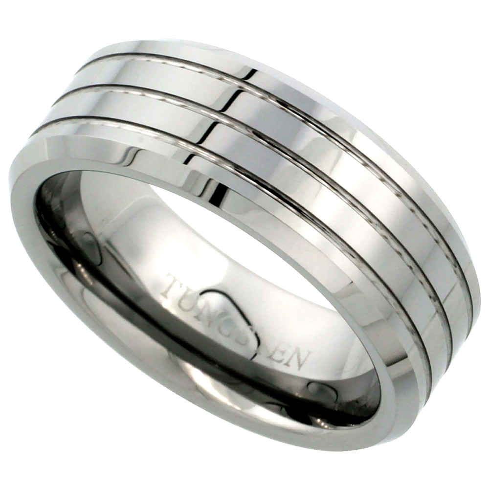 Tungsten Carbide 8 mm Flat Wedding Band Ring for Men 3 Grooves Beveled Edges, sizes 9 to 14