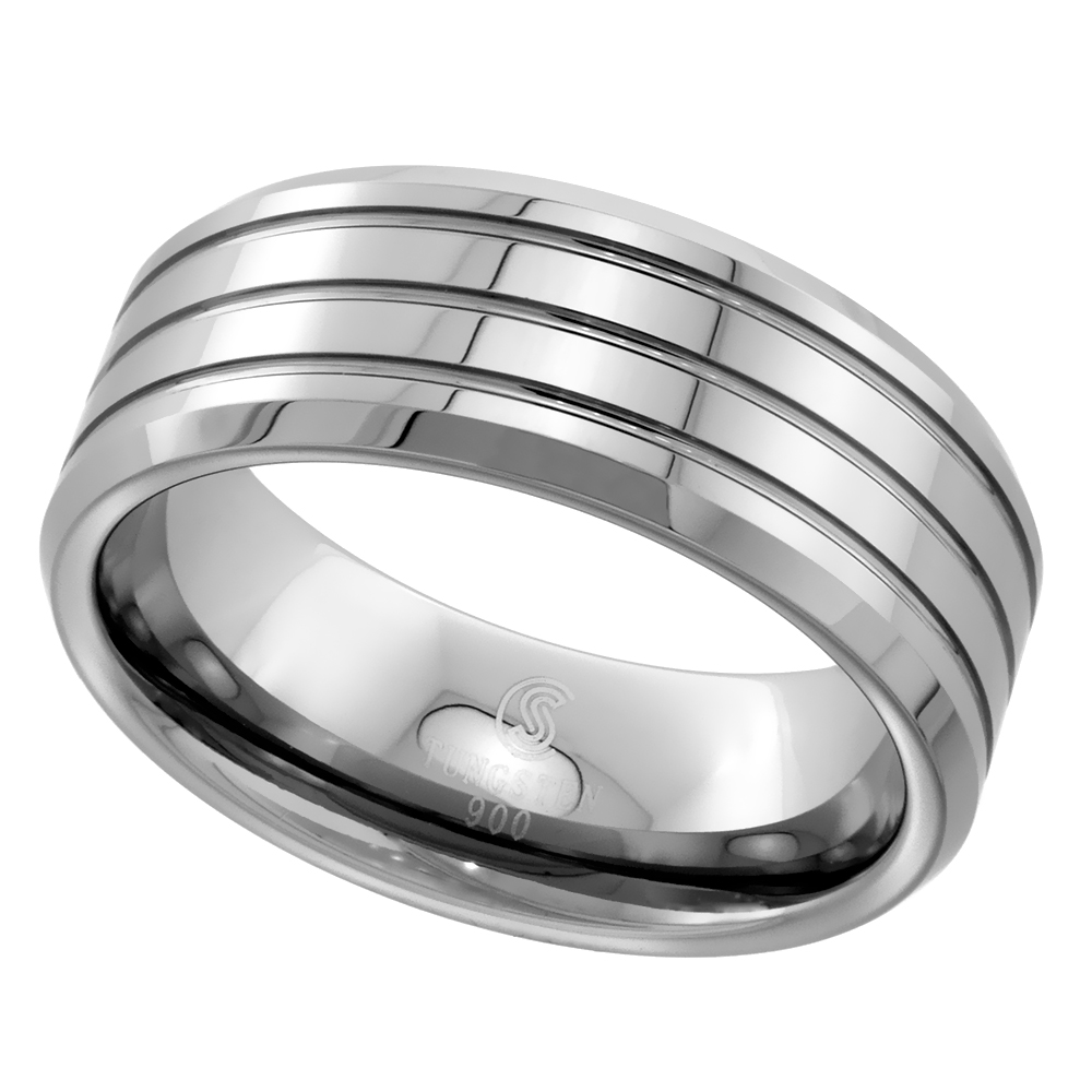 TUNGSTEN CARBIDE 8 MM FLAT WEDDING BAND RING FOR MEN 3 GROOVES BEVELED EDGES SIZES 9 TO 14