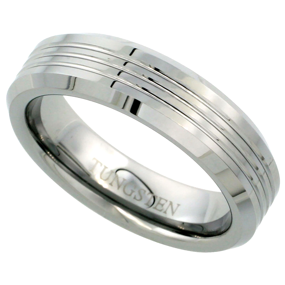 6mm Tungsten 900 Wedding Ring for Women 3 Grooves Beveled Edges Comfort fit, sizes 6 to 9