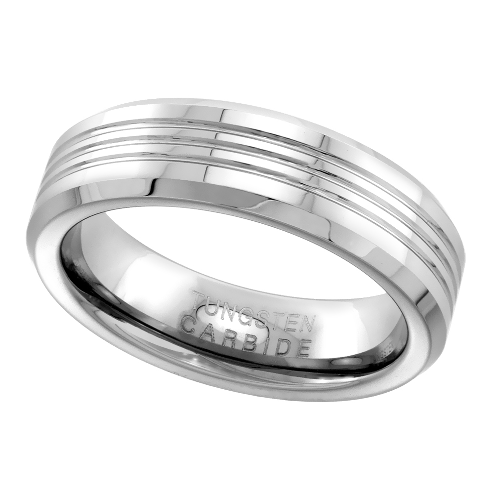 6MM TUNGSTEN CARBIDE WEDDING RING FOR WOMEN 3 GROOVES BEVELED EDGES COMFORT FIT SIZES 6 TO 9