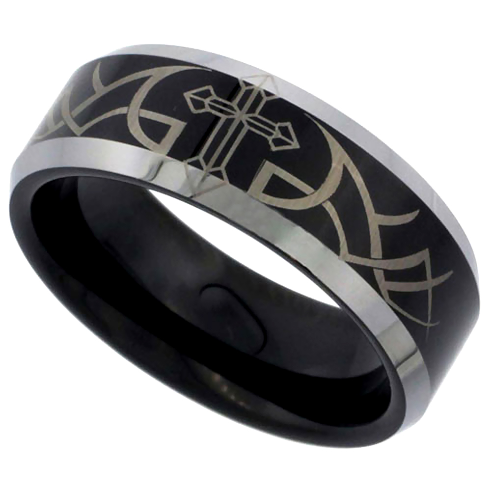 Tungsten Carbide 8 mm Flat Wedding Band Ring Etched Cross Tribal Pattern Blackened Finish, sizes 9 to 13.5