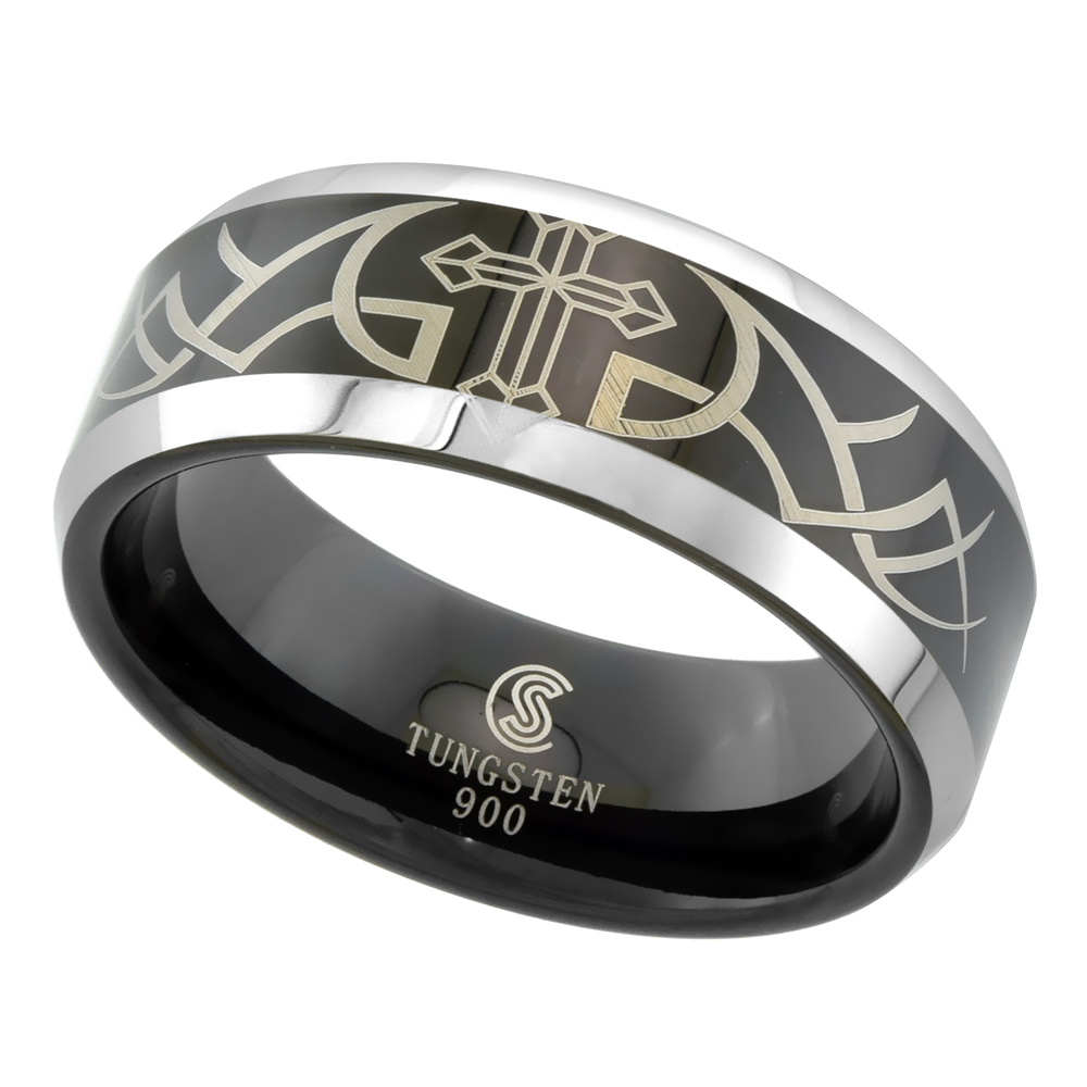 TUNGSTEN CARBIDE 8 MM FLAT WEDDING BAND RING ETCHED CROSS TRIBAL PATTERN BLACKENED FINISH SIZES 9 TO 13.5