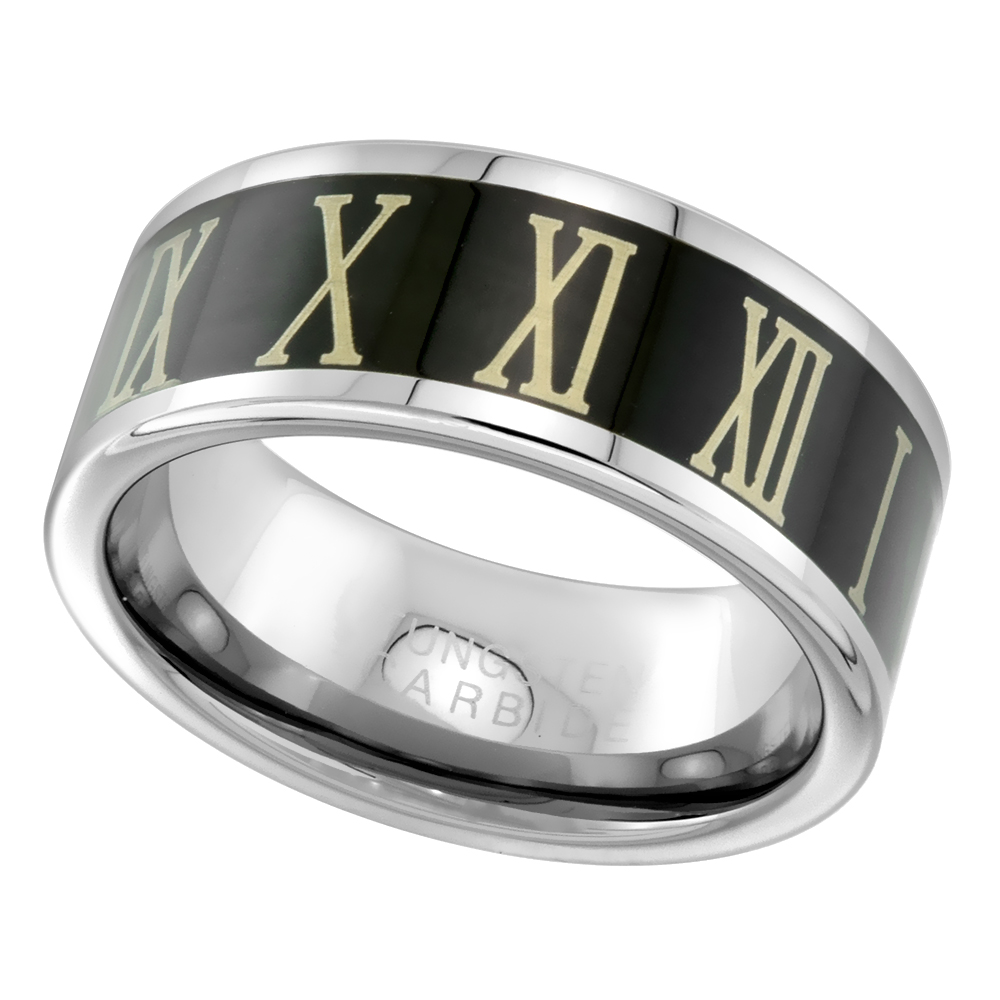 8MM FLAT BLACK TUNGSTEN CARBIDE ROMAN NUMERALS WEDDING BAND RING 1-12 SIZES 9 TO 13.5