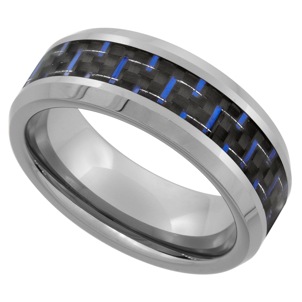 Tungsten Carbide 8 mm Flat Wedding Band Ring Blue Carbon Fiber Inlay Beveled Edges, sizes 9 to 13.5