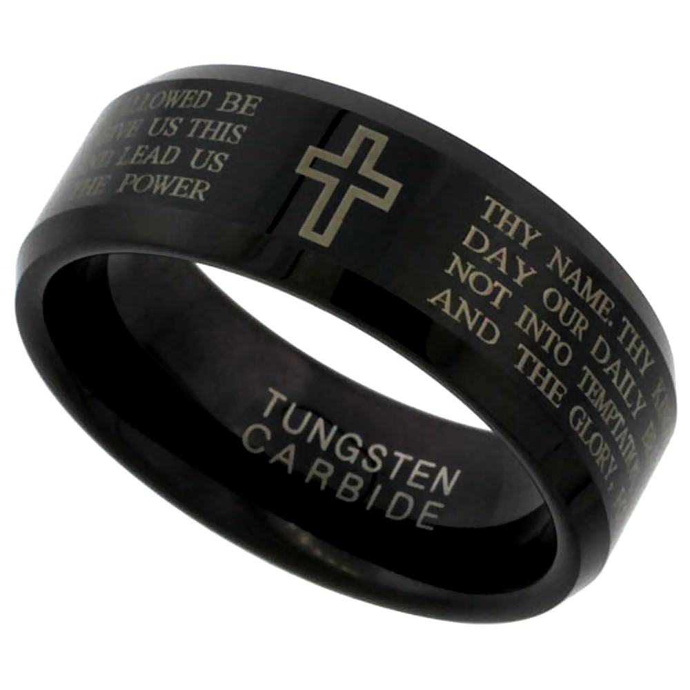 Tungsten Carbide 8 mm Flat Wedding Band Ring Etched Lord's Prayer Blackened Finish, sizes 9 to 14