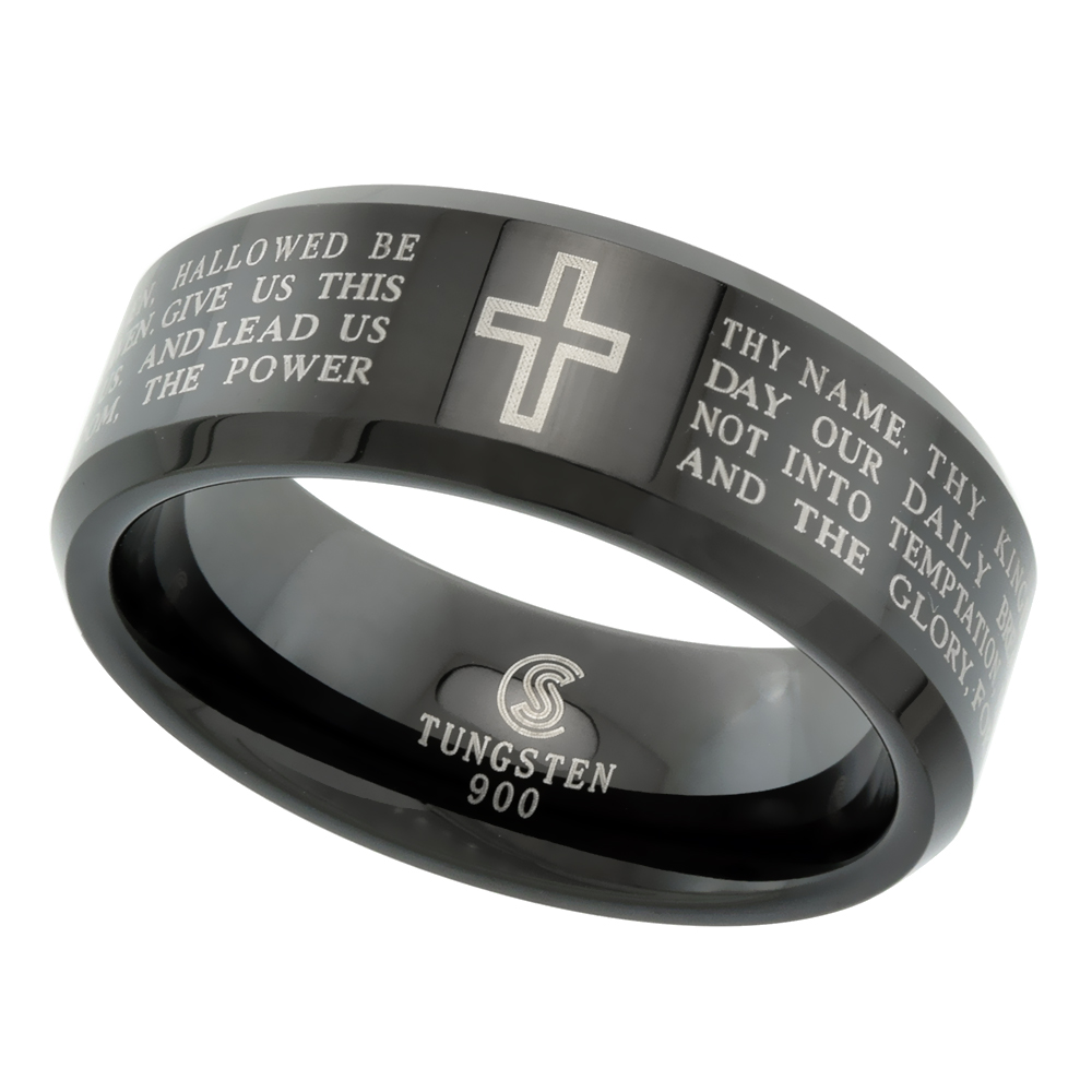 TUNGSTEN CARBIDE 8 MM FLAT WEDDING BAND RING ETCHED LORD'S PRAYER BLACKENED FINISH SIZES 9 TO 14