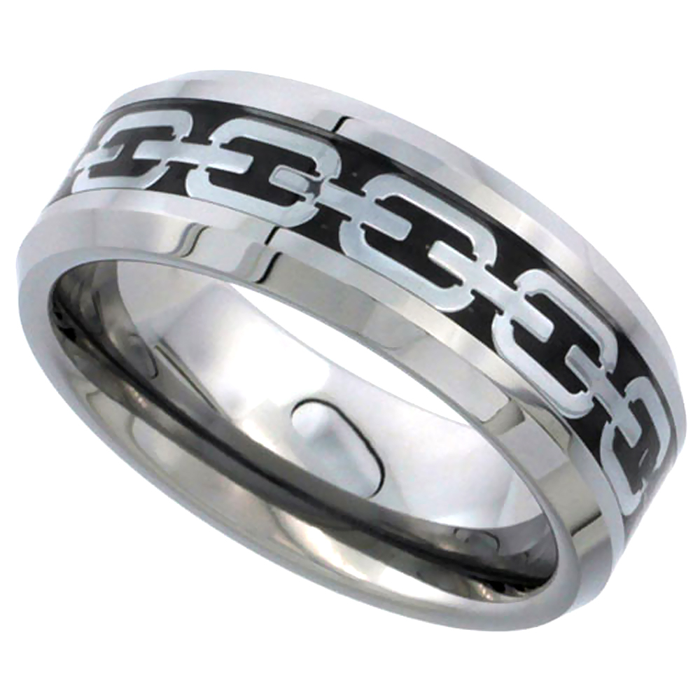 Tungsten Carbide 8 mm Flat Wedding Band Ring Silver Chain Link Inlay Beveled Edges, sizes 8 to 13.5