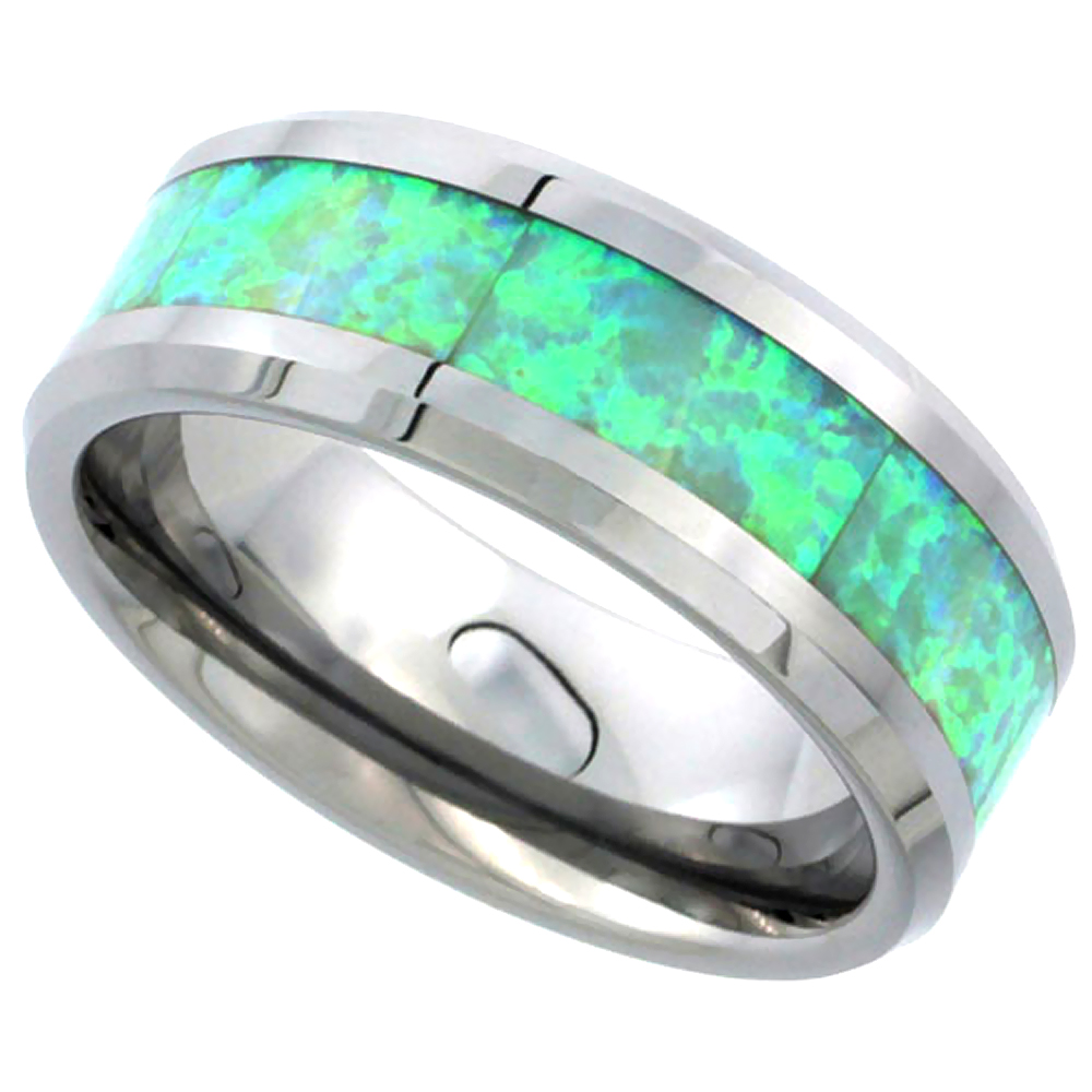 Tungsten Carbide 8 mm Flat Wedding Band Ring Green Lab Opal Inlay Beveled Edges, sizes 9 to 13.5
