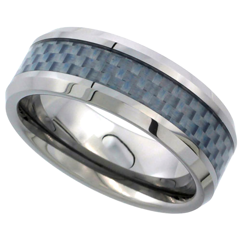 Tungsten Carbide 8 mm Flat Wedding Band Ring Gray Carbon Fiber Inlay Beveled Edges, sizes 9 to 13.5