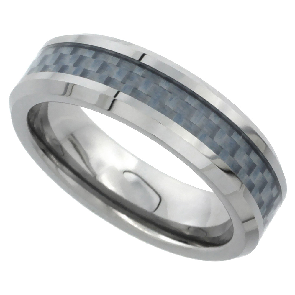 Tungsten Carbide 6 mm Flat Wedding Band Ring Gray Carbon Fiber Inlay Beveled Edges, sizes 5 to 9.5