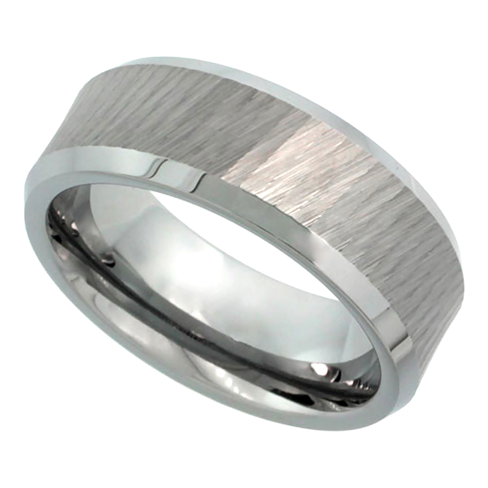 8mm Diamond Cut Tungsten Wedding Ring for Men Sparkle Finish Beveled Edges Comfort fit, sizes 8 to 14