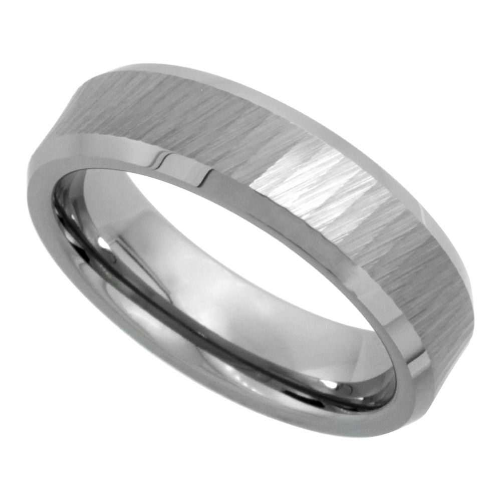 6mm Diamond Cut Tungsten Wedding Ring for Women Sparkle Finish Beveled Edges Comfort fit, sizes 5 to 10