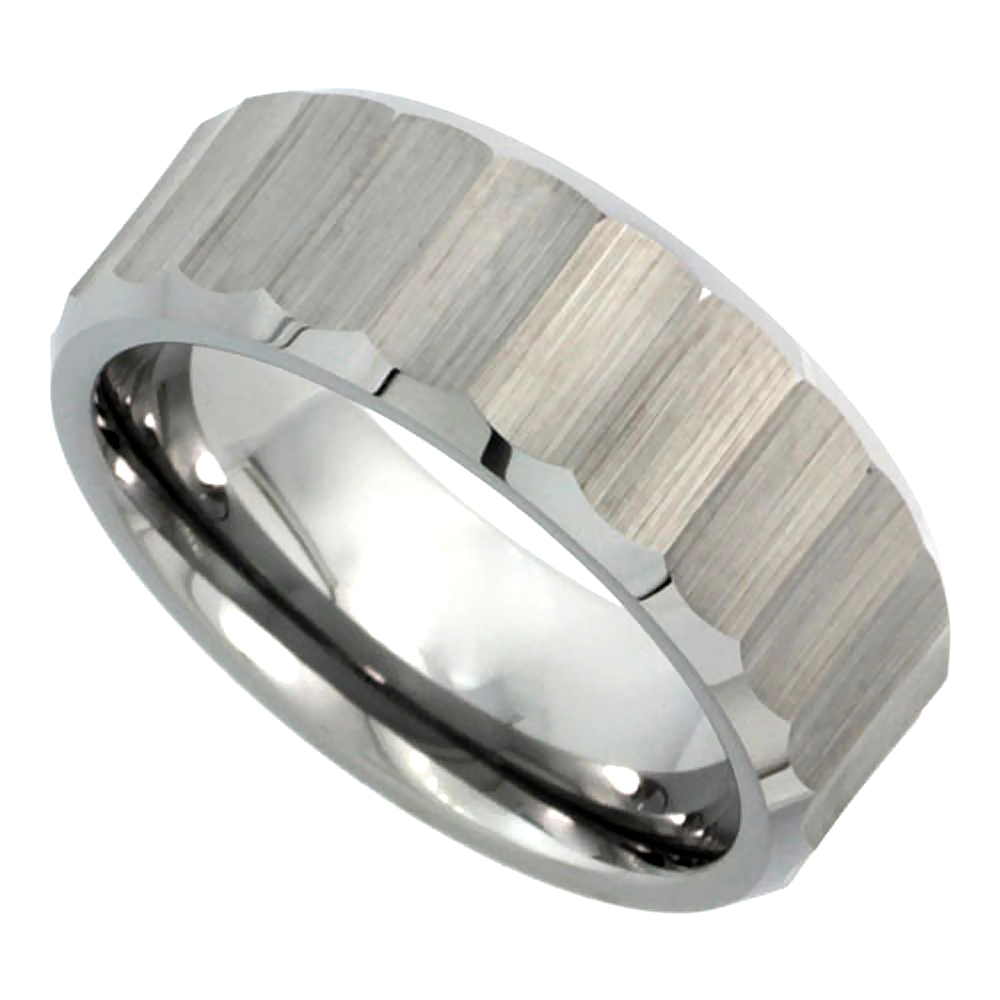 8mm Diamond Cut Tungsten Wedding Ring for Men Ribbed Bamboo Pattern Beveled Edges Comfort fit, sizes 8 to 14