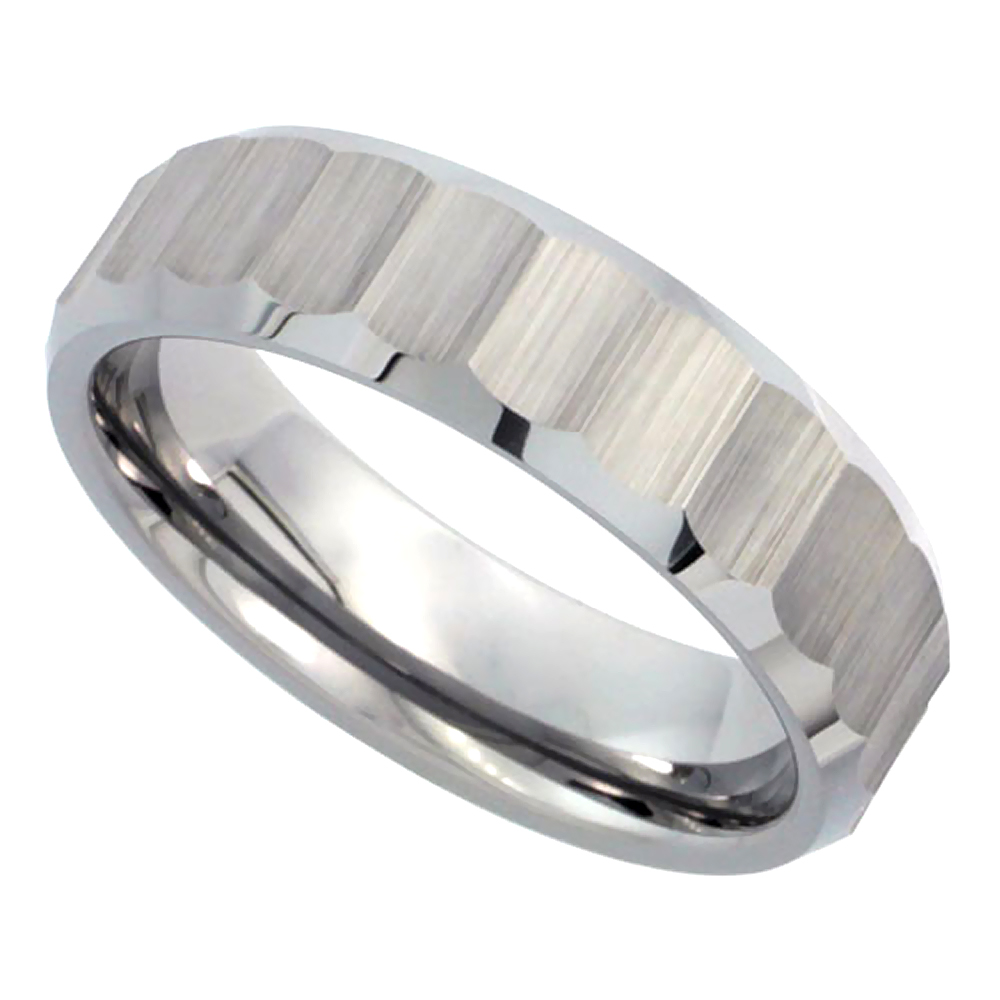 6mm Diamond Cut Tungsten Wedding Ring for Women Ribbed Bamboo Pattern Beveled Edges Comfort fit, sizes 5 to 10