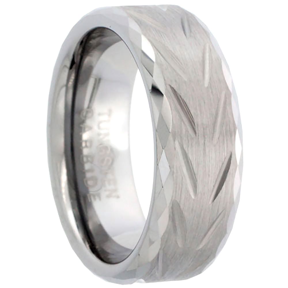 8mm Diamond Cut Tungsten Wedding Ring for Men Chevron Pattern Faceted Edges Diamond-cut Matte Finish, sizes 7 to 14