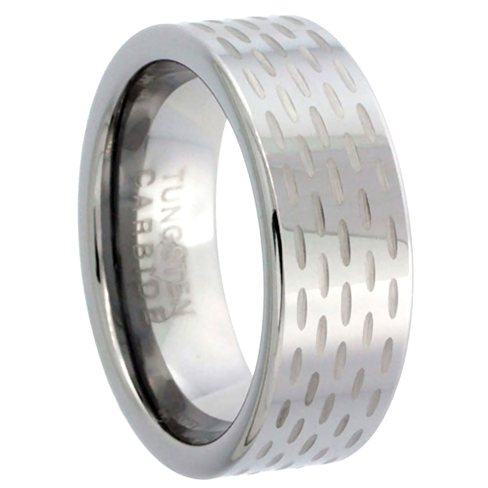 8 mm Diamond Cut Tungsten Carbide Wedding Band Ring for Men 5-rows Small Grooves Polished Finish, sizes 7 to 14