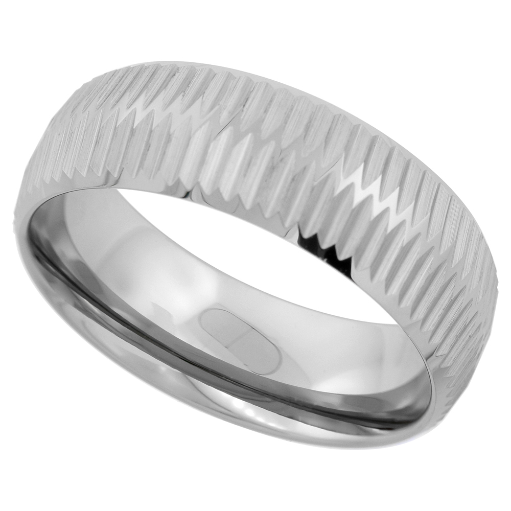 8 mm Diamond Cut Tungsten Carbide Wedding Band Ring for Men 2-rows Vertical Grooves Pattern Polished Finish sizes 7 to 14