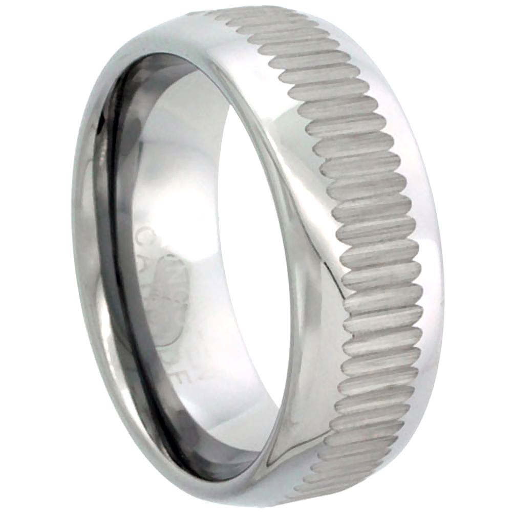 8 mm Diamond Cut Tungsten Carbide Wedding Band Ring for Men 1-row Vertical Grooves Pattern Polished Finish, sizes 7 to 14