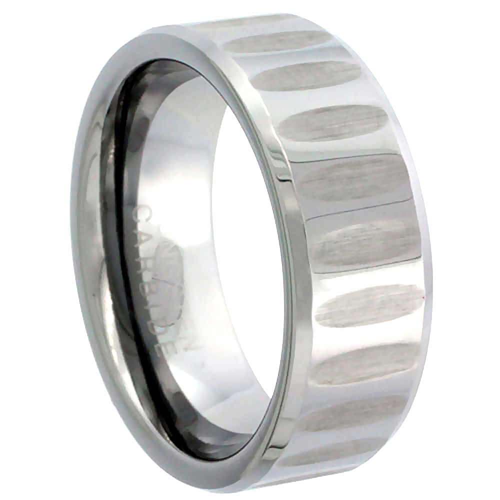 8 MM DIAMOND CUT TUNGSTEN CARBIDE WEDDING BAND RING FOR MEN LARGE VERTICAL GROOVES PATTERN POLISHED FINISH SIZES 7 TO 14