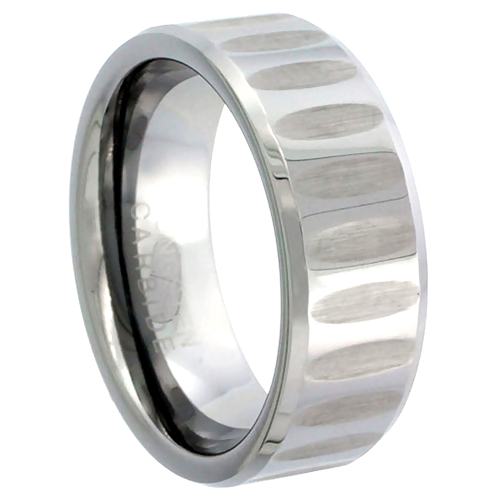8 mm Diamond Cut Tungsten Carbide Wedding Band Ring for Men Large Vertical Grooves Pattern Polished Finish, sizes 7 to 14