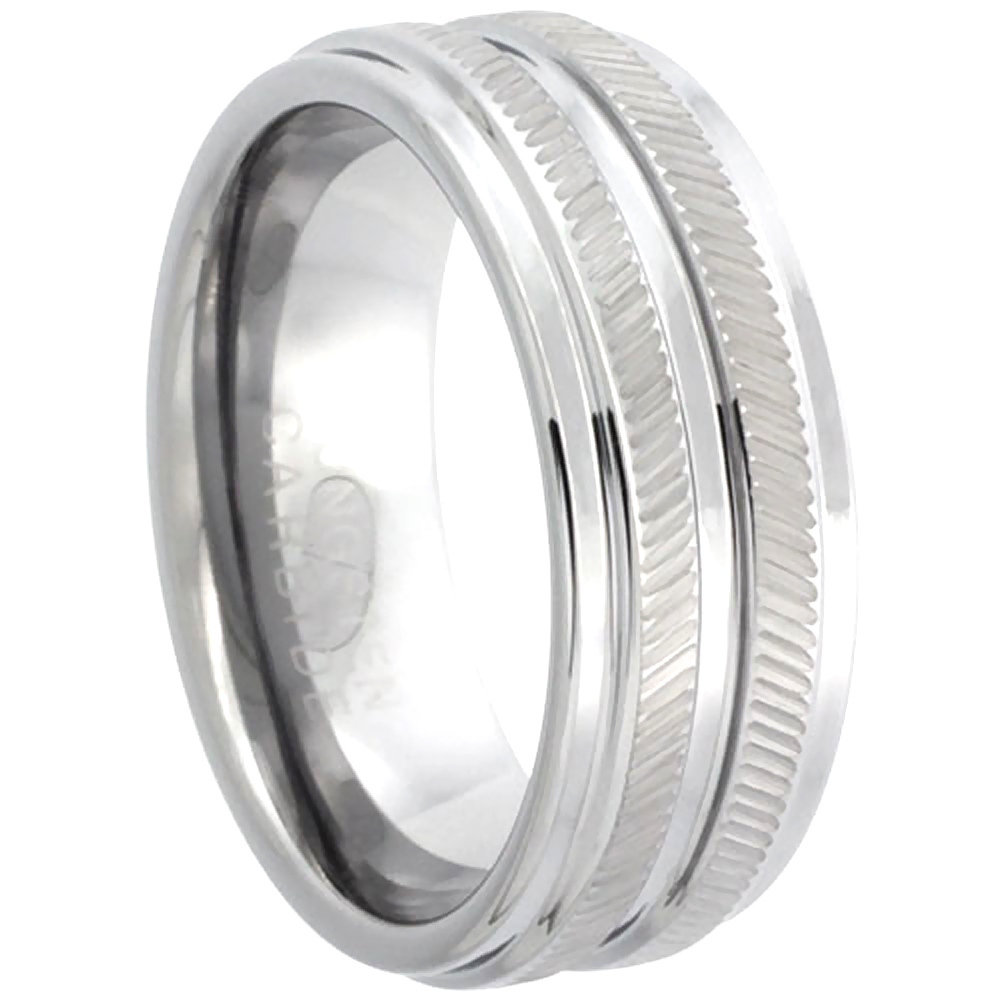 Tungsten Carbide 8 mm Flat Wedding Band Ring 2-row Diamond-cut Recessed Edges Polished Finish, sizes 7 to 14