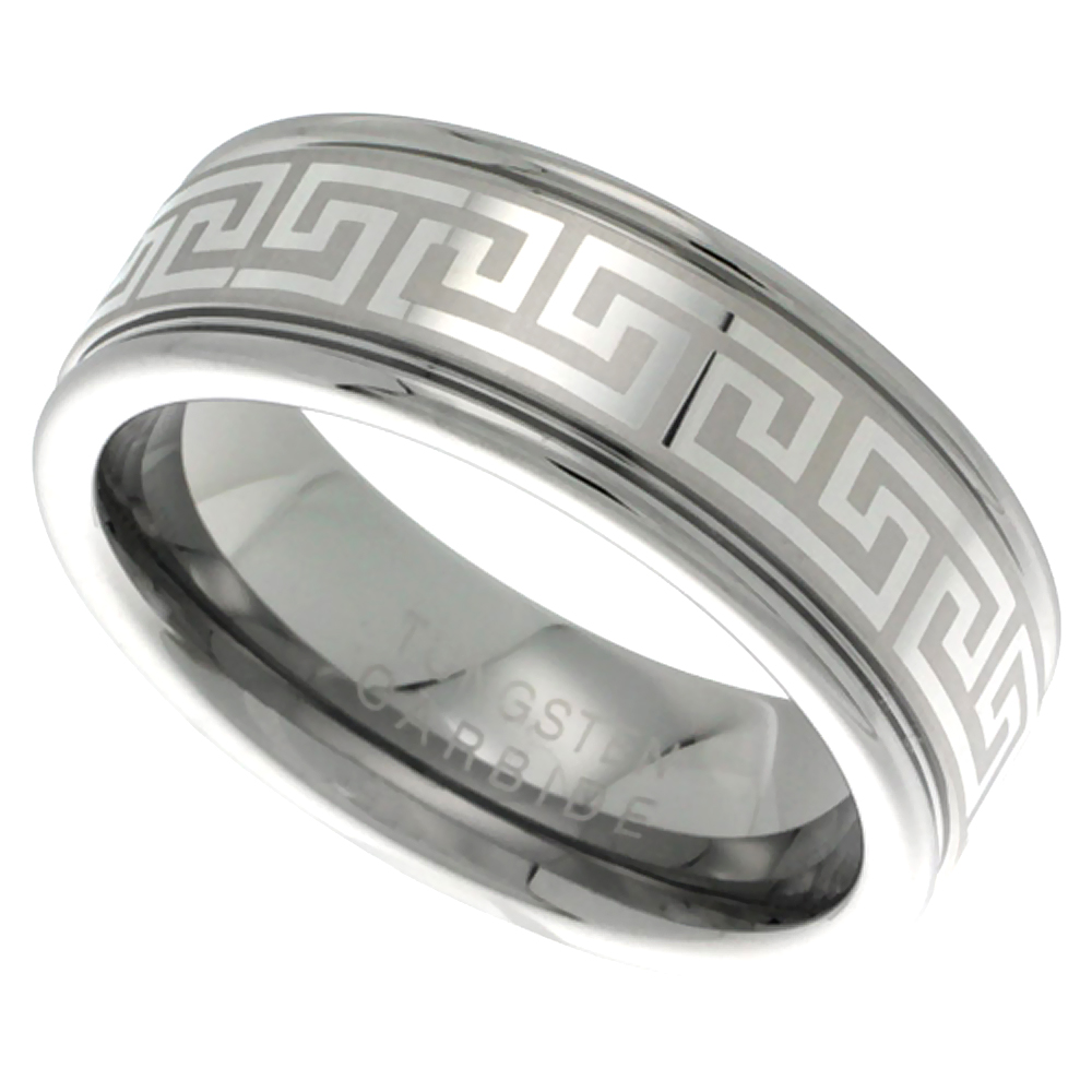 TUNGSTEN CARBIDE 8MM FLAT WEDDING BAND RING GREEK KEY PATTERN GROOVED EDGES SIZES 9 - 12