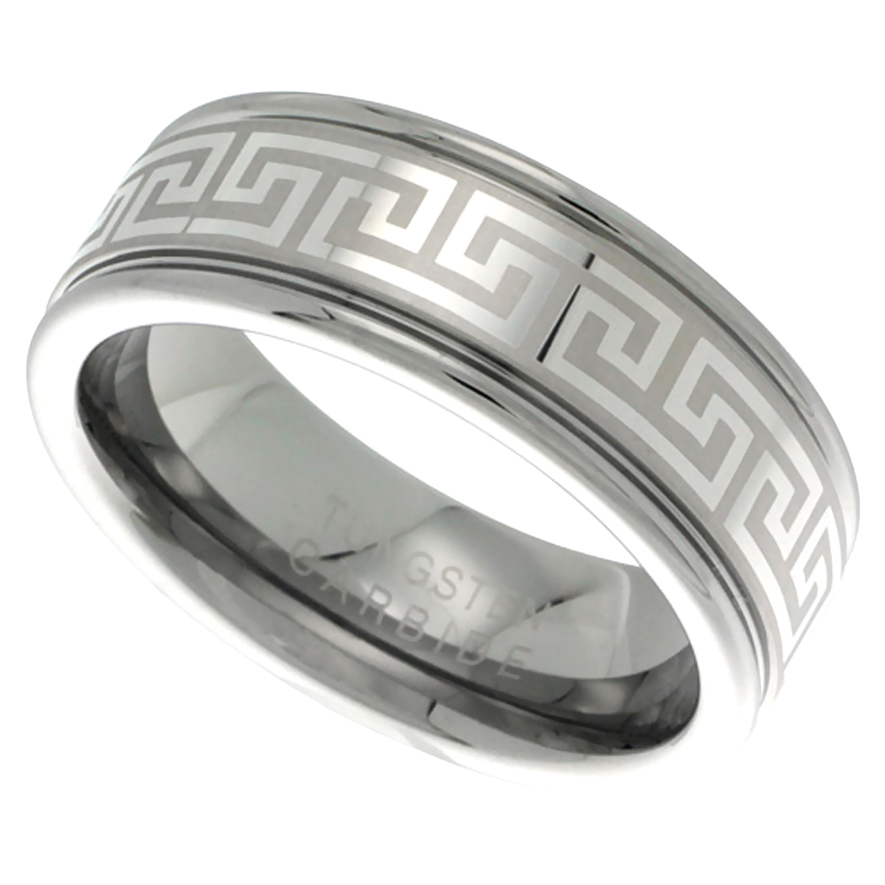 Tungsten Carbide 8mm Flat Wedding Band Ring Greek Key Pattern Grooved Edges, sizes 9 - 12
