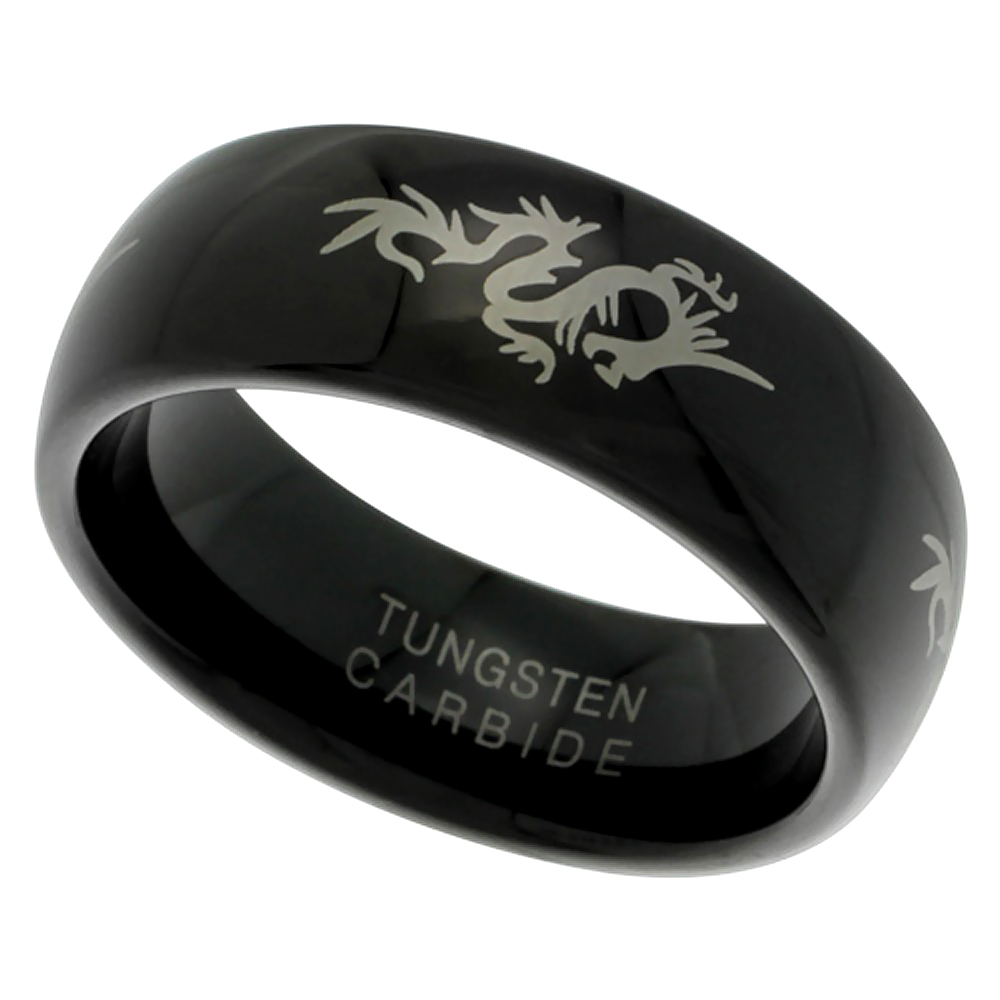 Black Tungsten Carbide 8mm Domed Wedding Band Ring Chinese Dragon Etched, sizes 9 - 12