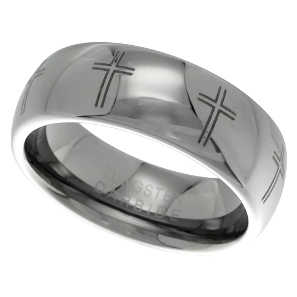 TUNGSTEN CARBIDE 8MM DOMED CROSS WEDDING RING LASER ETCHED PERFECTLY POLISHED SIZES 9 - 12