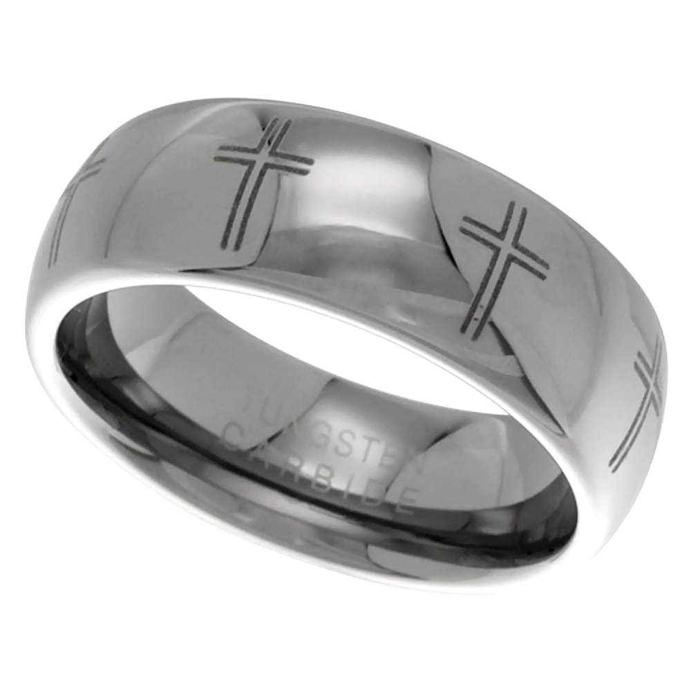 Tungsten Carbide 8mm Domed Cross Wedding Ring Laser Etched Perfectly Polished, sizes 9 - 12