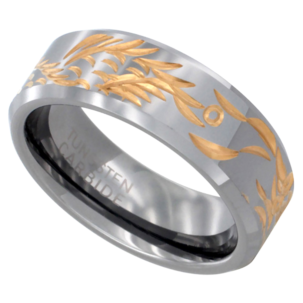 8mm Tungsten 900 Wedding Ring Chinese Dragon Gold Tone Hand Carved Beveled Edges Comfort fit, sizes 9 - 12