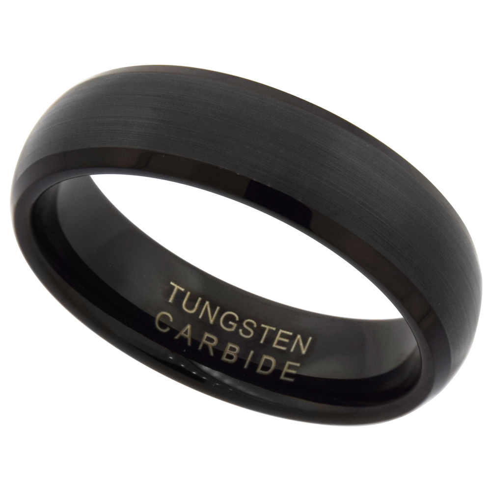 6MM BLACK TUNGSTEN CARBIDE WEDDING RING DOME BRUSHED FINISH BEVELED EDGE COMFORT FIT SIZES 9 - 12