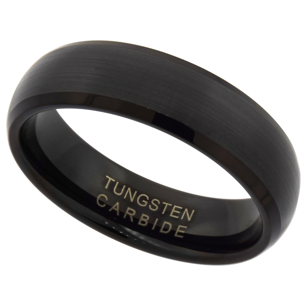 6mm Black Tungsten 900 Wedding Ring Dome Brushed Finish Beveled Edge Comfort fit, sizes 9 - 12