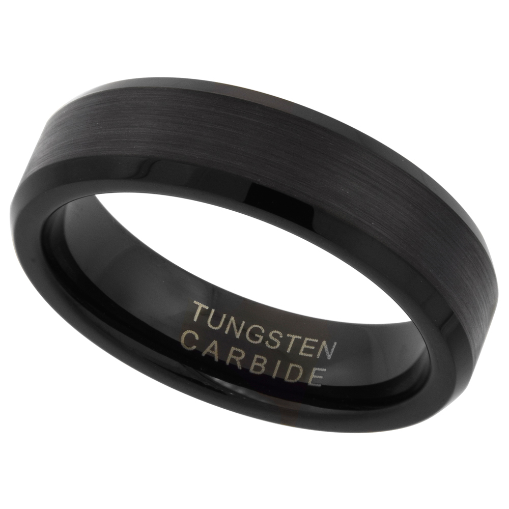 6mm Black Tungsten Wedding Ring for Women Brushed Finish Beveled Edge Comfort fit sizes 6-10