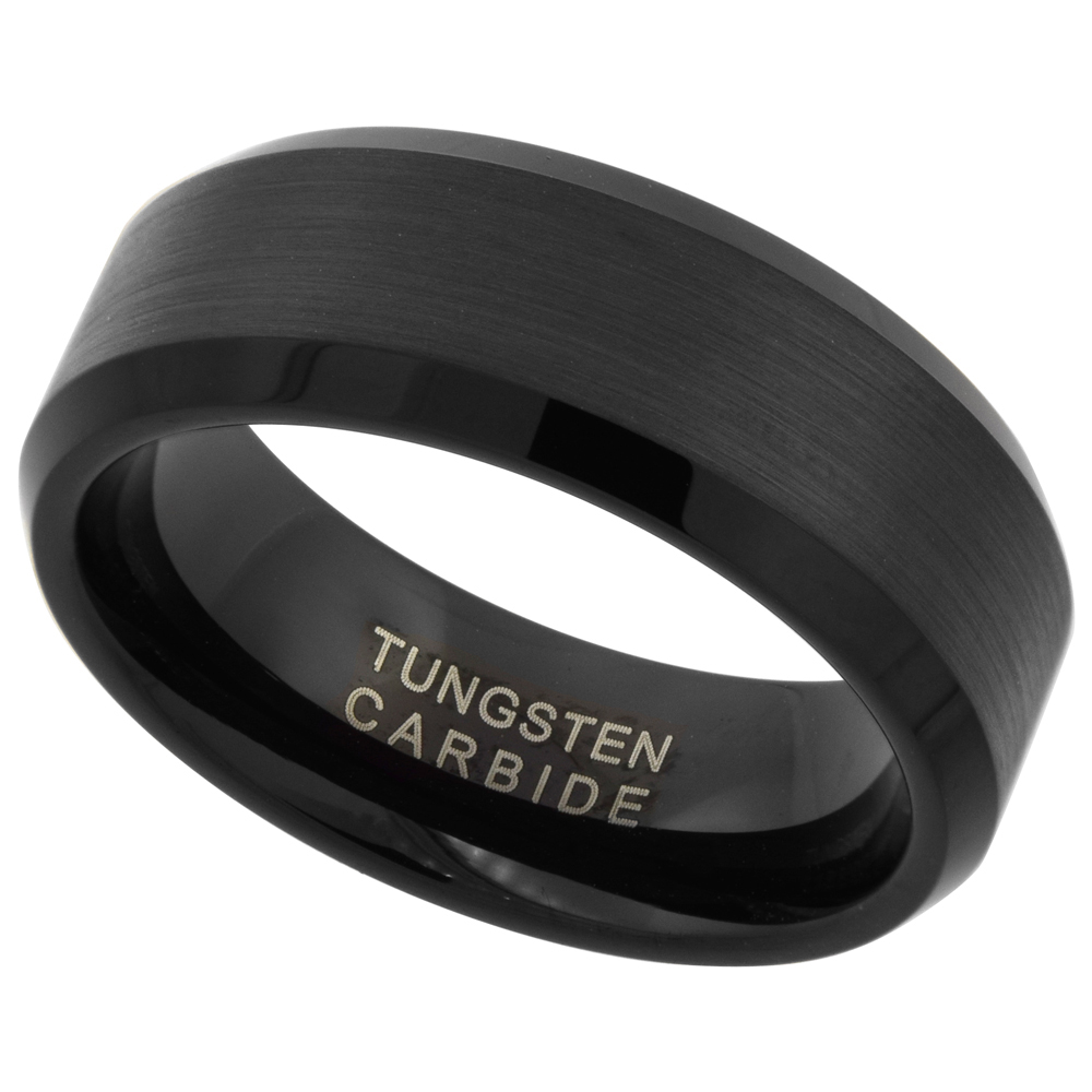 8MM BLACK TUNGSTEN CARBIDE WEDDING RING BRUSHED FINISH BEVELED EDGE COMFORT FIT SIZES 9 - 12