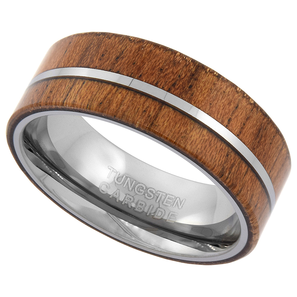 8mm Tungsten 900 Wood Inlay Wedding Ring Center Stripe Comfort fit, sizes 8.5 - 13