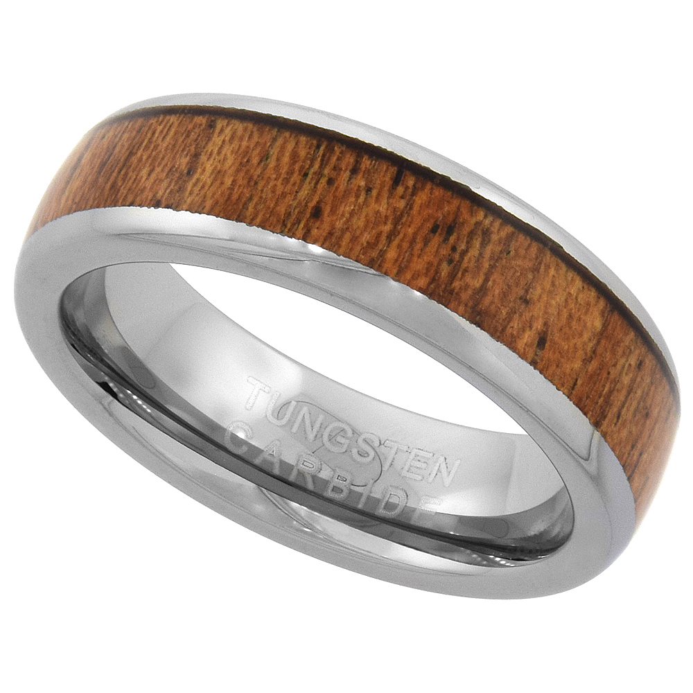 6mm Tungsten 900 Wood Inlay Wedding Ring Polished Edges Comfort fit, sizes 5 - 9