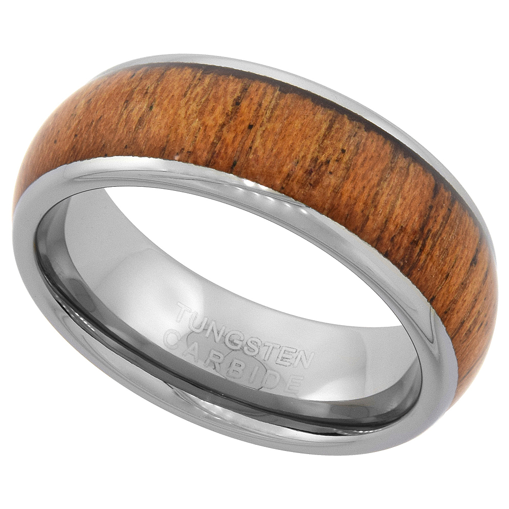 8mm Tungsten 900 Wood Inlay Wedding Ring Polished Edges Comfort fit, sizes 9 - 13