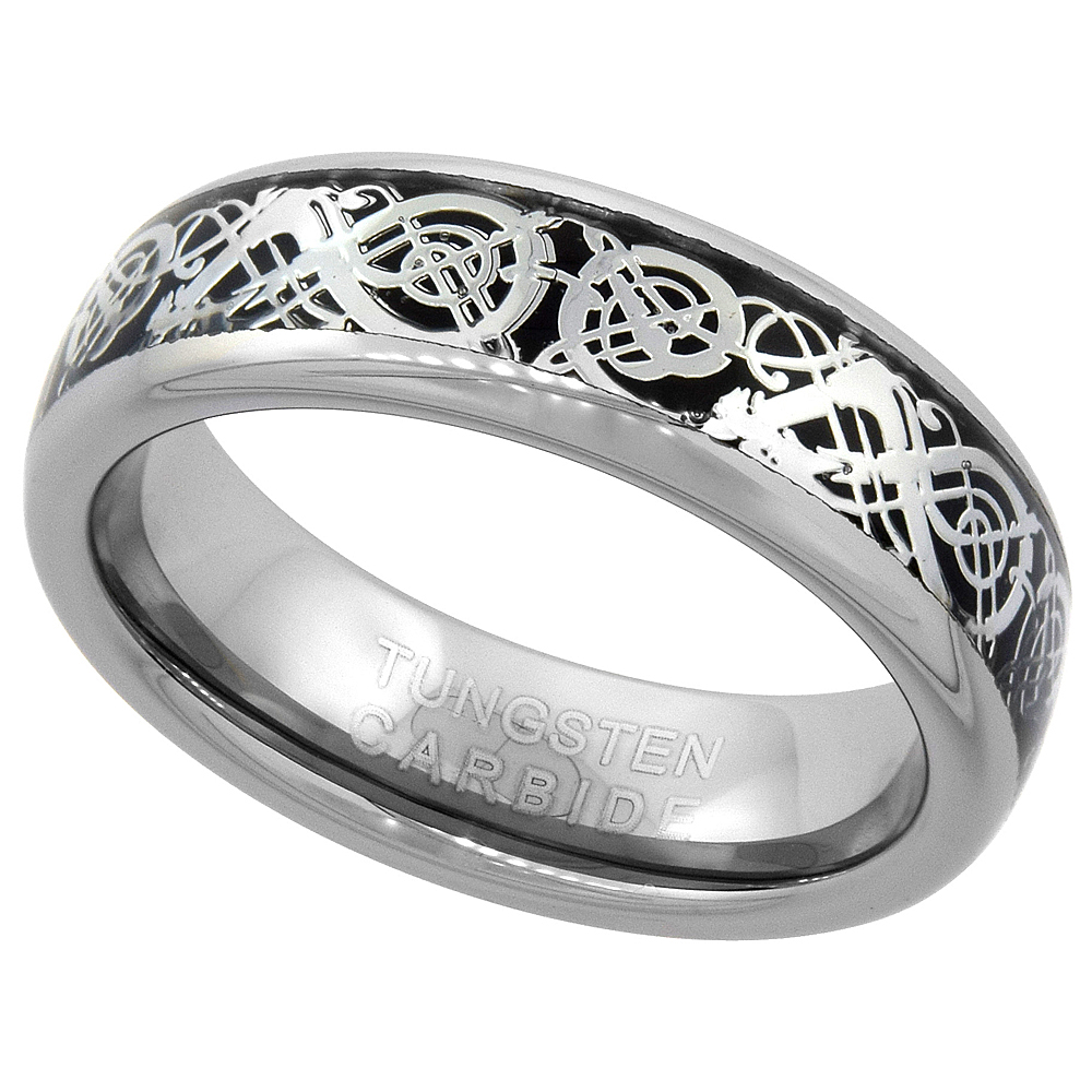 6MM TUNGSTEN CARBIDE WEDDING RING INLAID CELTIC DRAGON BEVELED EDGES COMFORT FIT SIZES 5 - 9 WITH HALF SIZES