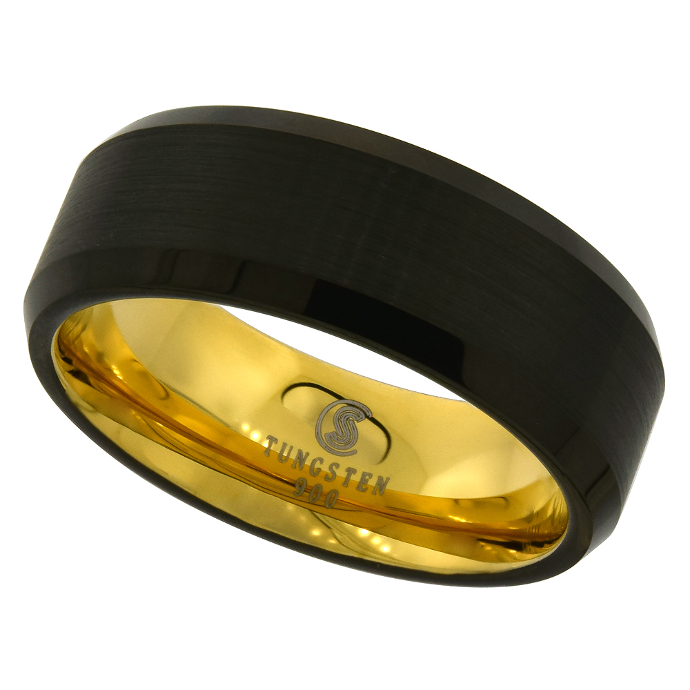 8mm Black Tungsten 900 Wedding Ring Brushed Finish Gold Inside Beveled Edge Comfort fit, sizes 9 -13