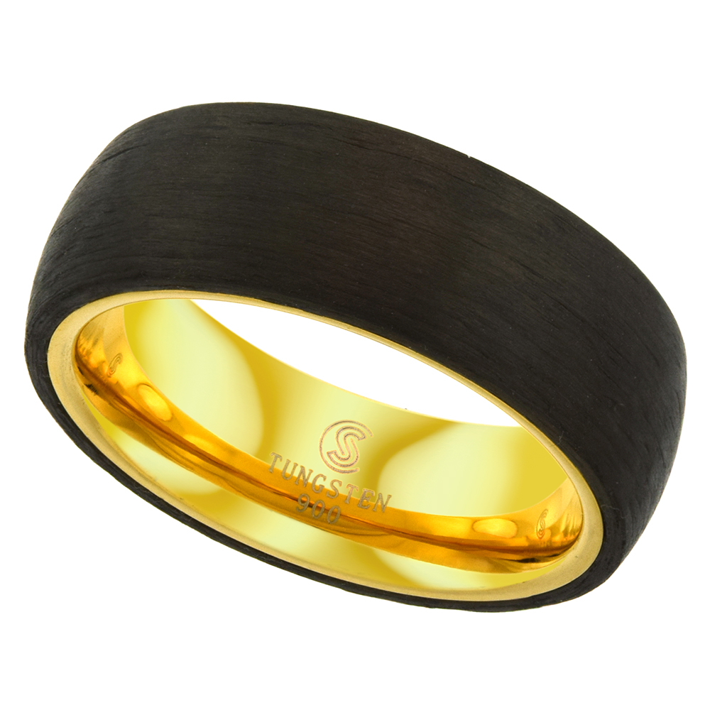 8MM TUNGSTEN RING DOMED WEDDING BAND BRUSHED CARBON FIBER OVERLAY GOLD PLATED INSIDE COMFORT FIT SIZE 9 - 13