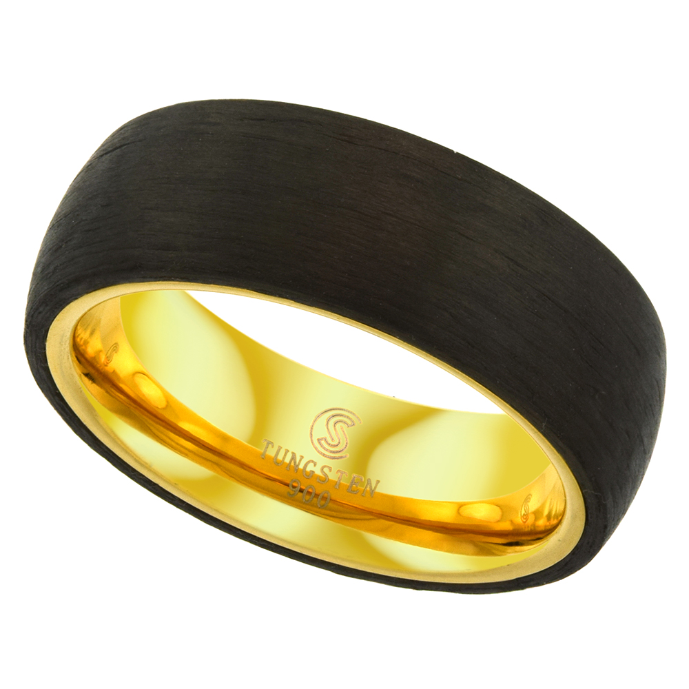 8mm Tungsten Ring Domed Wedding Band Brushed Carbon Fiber Overlay Gold Plated Inside Comfort fit size 9 - 13