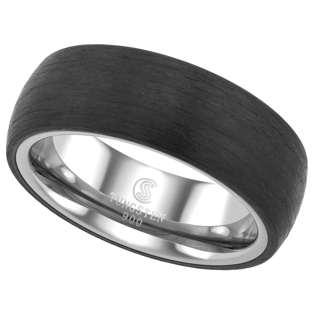 8mm Tungsten Ring Domed Wedding Band Brushed Carbon Fiber Overlay Comfort fit size 9 - 13
