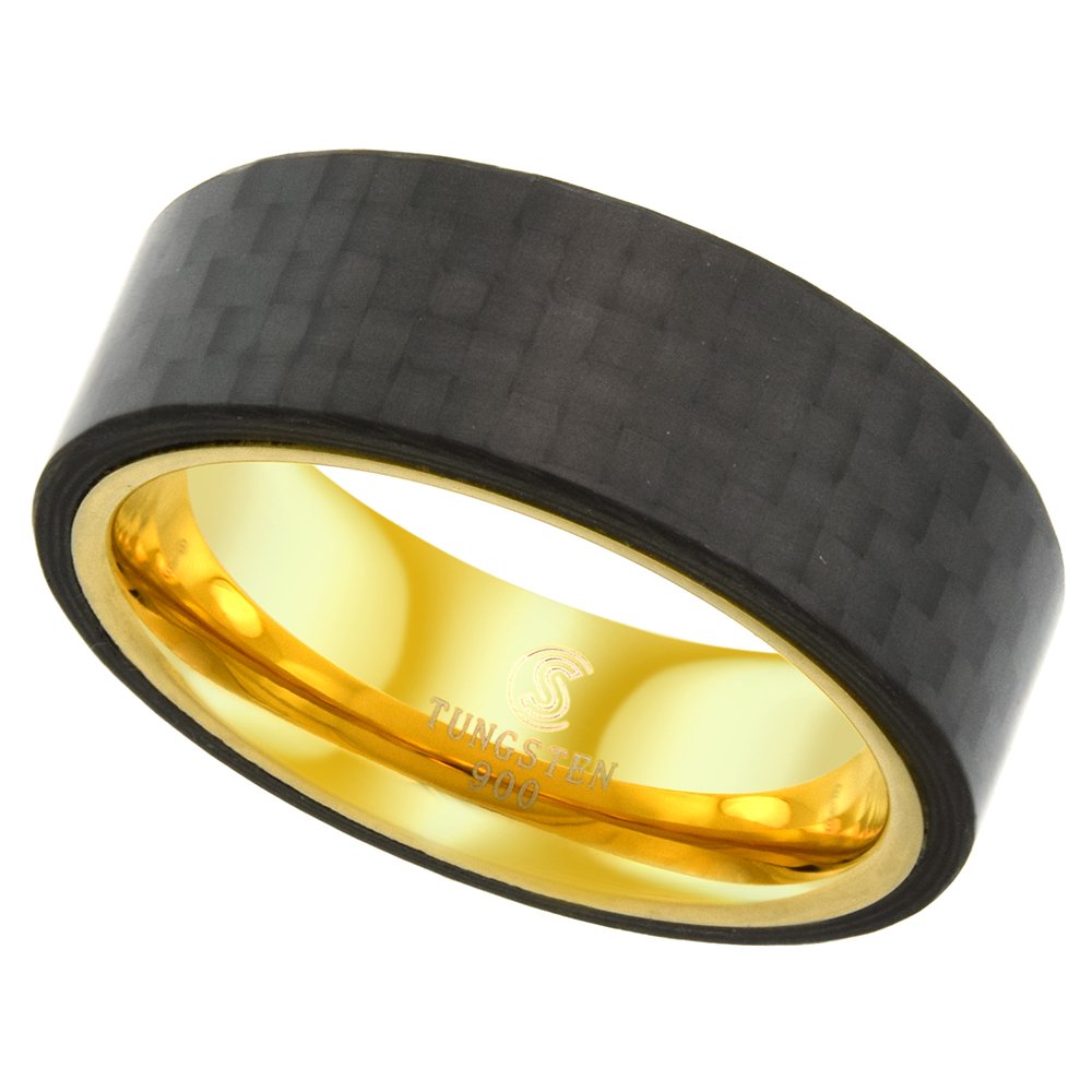 8MM TUNGSTEN RING PIPE CUT WEDDING BAND CARBON FIBER OVERLAY GOLD PLATED INSIDE COMFORT FIT SIZE 9 - 13