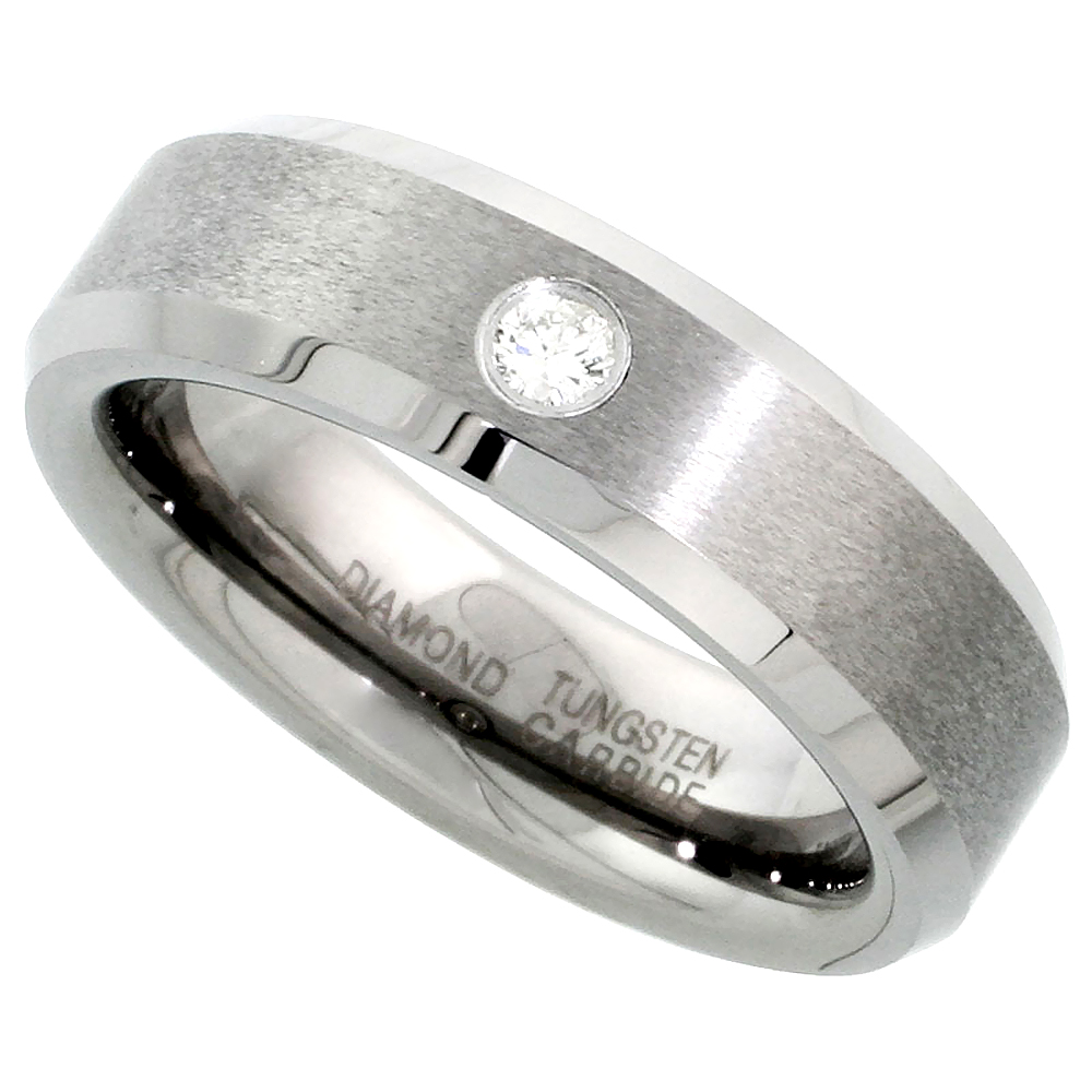 6mm Tungsten 900 Diamond Wedding Ring for Him &amp; Her 0.06 cttw Beveled Edges Comfort fit, sizes 4 to 9.5