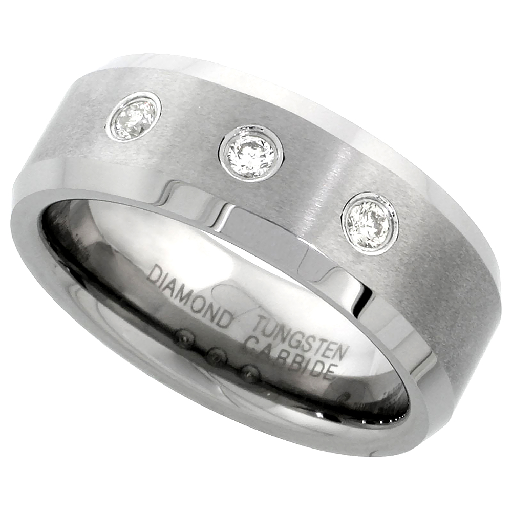 8mm Tungsten 900 3 Stone Diamond Wedding Ring 0.22 cttw Beveled Edges Comfort fit, sizes 8 to 14